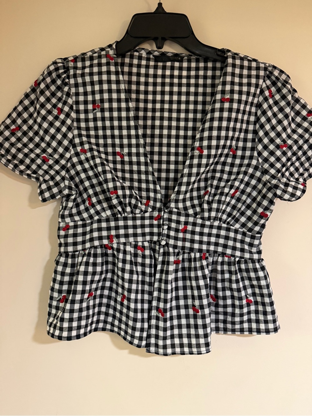 NWOT Zara Black & White Gingham V-Neck Peplum Top with Red Cherry Embroidery